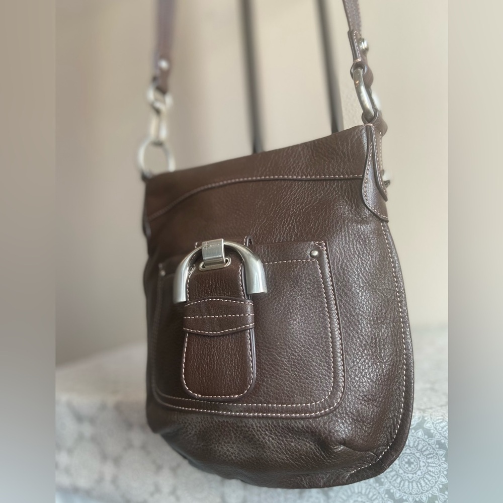 B. Makowsky~Soft~Deep Brown Pebbled Leather~Crossbody Bag~Nickel Hardware